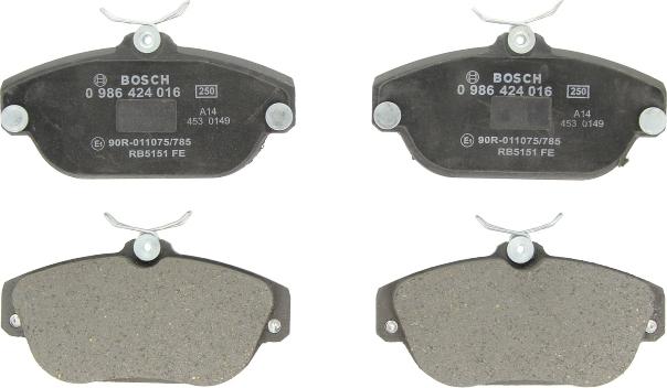 BOSCH 0 986 424 016 — Zestaw klocków hamulcowych, hamulce tarczowe