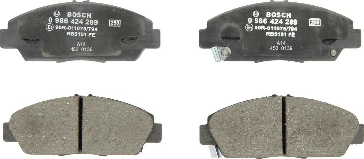 BOSCH 0 986 424 289 — Zestaw klocków hamulcowych, hamulce tarczowe
