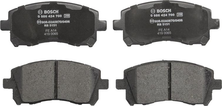 BOSCH 0 986 424 700 — Zestaw klocków hamulcowych, hamulce tarczowe