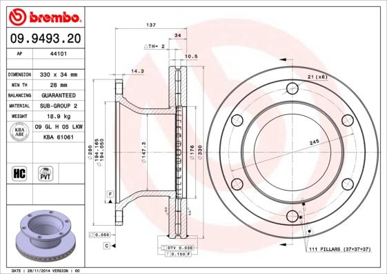 Brembo 09.9493.20 — Tarcza hamulcowa