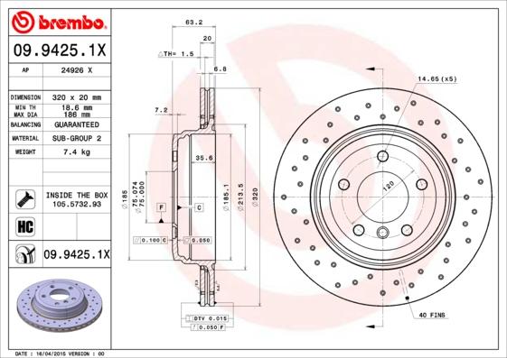 Brembo 09.9425.1X — Tarcza hamulcowa