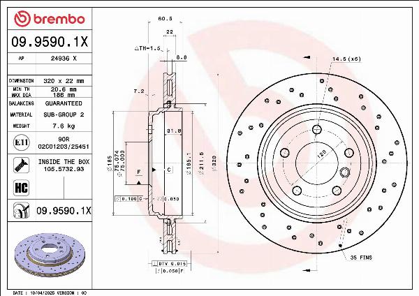 Brembo 09.9590.1X — Tarcza hamulcowa