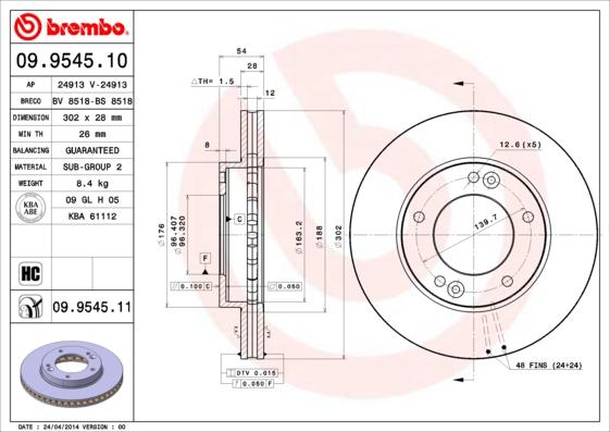 Brembo 09.9545.11 — Tarcza hamulcowa