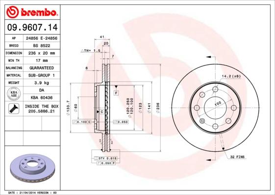 Brembo 09.9607.14 — Tarcza hamulcowa