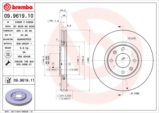 Brembo 09.9619.11 — Tarcza hamulcowa