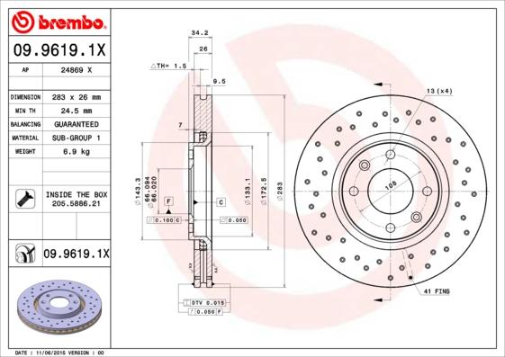 Brembo 09.9619.1X — Tarcza hamulcowa