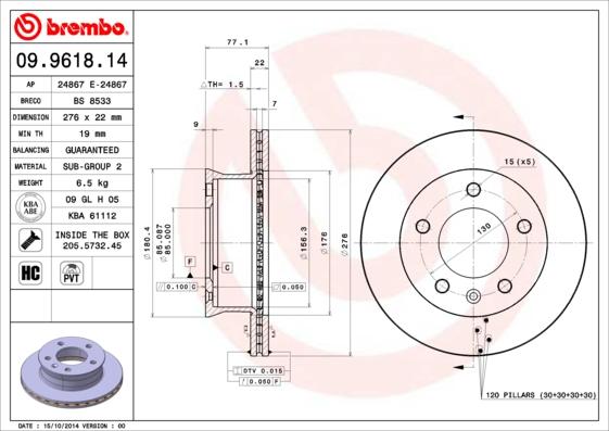 Brembo 09.9618.14 — Tarcza hamulcowa