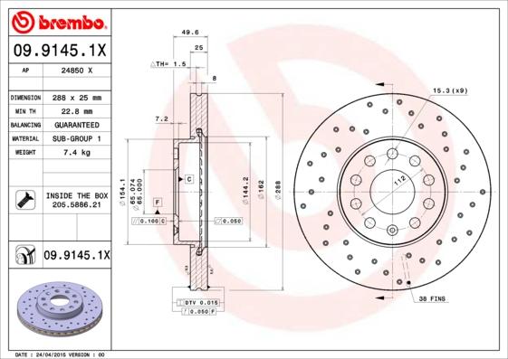 Brembo 09.9145.1X — Tarcza hamulcowa