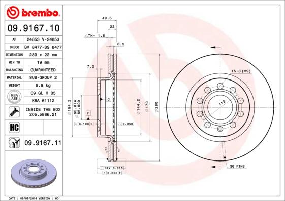 Brembo 09.9167.11 — Tarcza hamulcowa