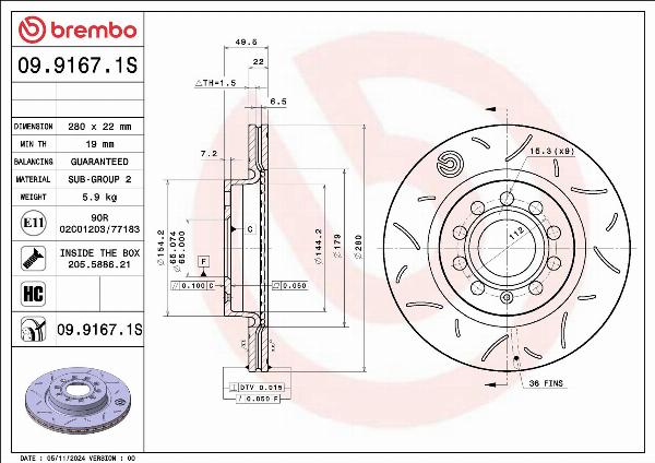 Brembo 09.9167.1S — Tarcza hamulcowa