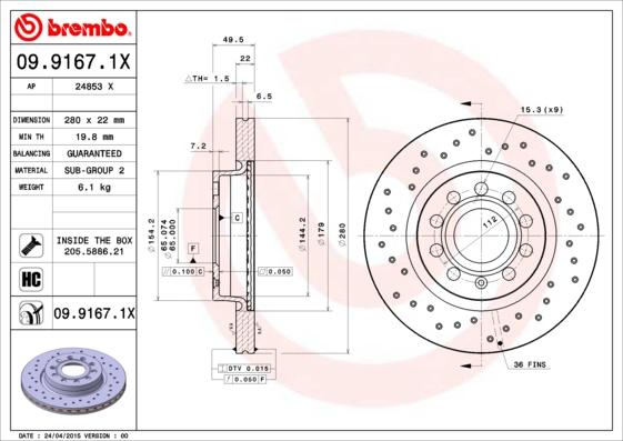 Brembo 09.9167.1X — Tarcza hamulcowa