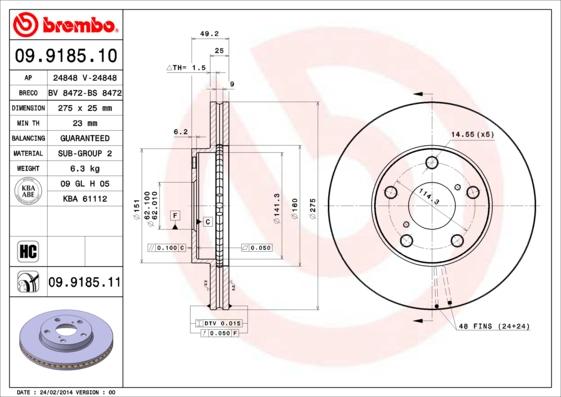 Brembo 09.9185.11 — Tarcza hamulcowa