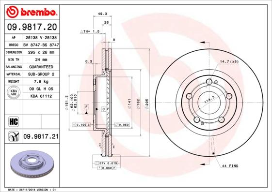 Brembo 09.9817.21 — Tarcza hamulcowa