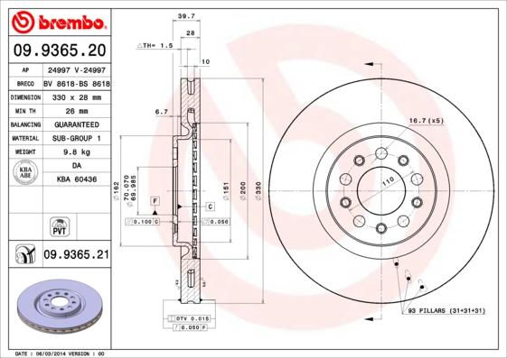 Brembo 09.9365.21 — Tarcza hamulcowa