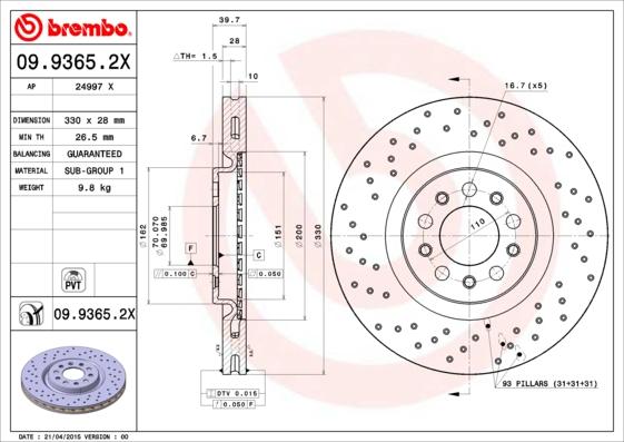 Brembo 09.9365.2X — Tarcza hamulcowa