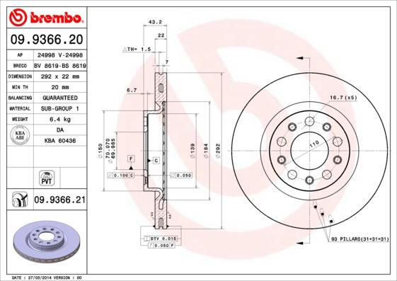 Brembo 09.9366.21 — Tarcza hamulcowa