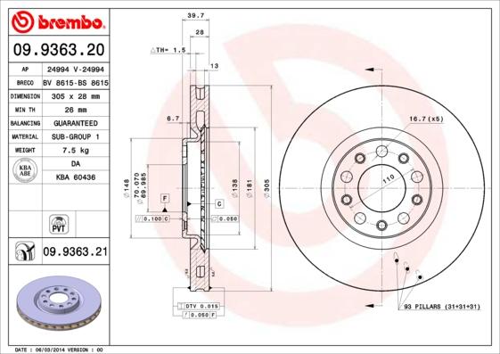 Brembo 09.9363.21 — Tarcza hamulcowa