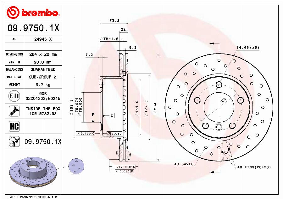 Brembo 09.9750.1X — Tarcza hamulcowa