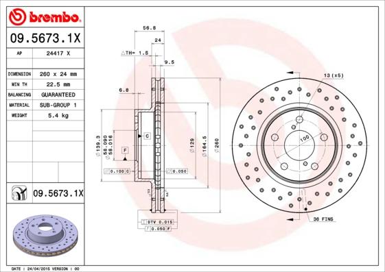 Brembo 09.5673.1X — Tarcza hamulcowa