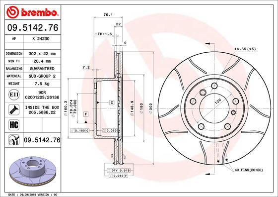 Brembo 09.5142.76 — Tarcza hamulcowa