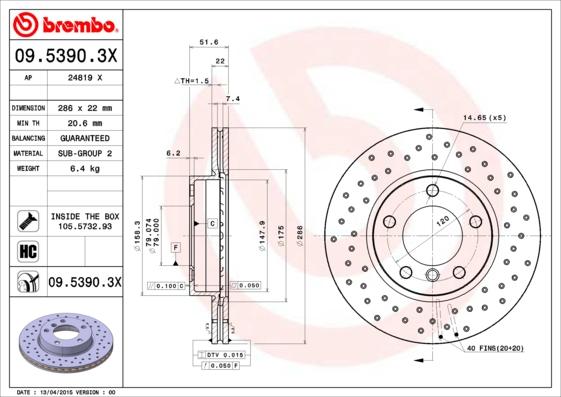 Brembo 09.5390.3X — Tarcza hamulcowa