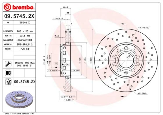 Brembo 09.5745.2X — Tarcza hamulcowa