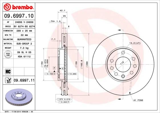 Brembo 09.6997.11 — Tarcza hamulcowa