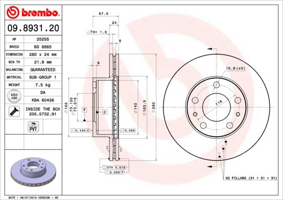 Brembo 09.8931.21 — Tarcza hamulcowa