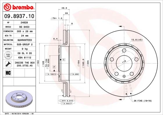 Brembo 09.8937.11 — Tarcza hamulcowa
