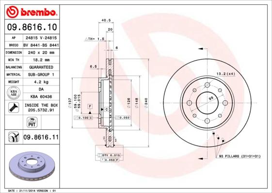 Brembo 09.8616.11 — Tarcza hamulcowa