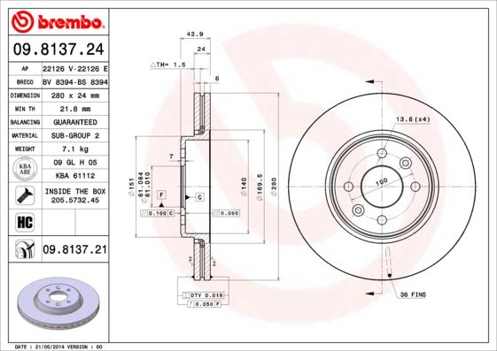 Brembo 09.8137.21 — Tarcza hamulcowa