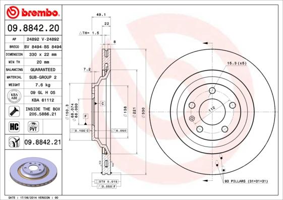 Brembo 09.8842.21 — Tarcza hamulcowa