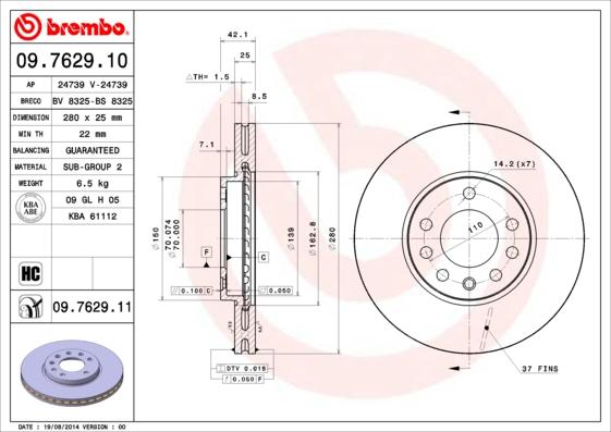 Brembo 09.7629.11 — Tarcza hamulcowa
