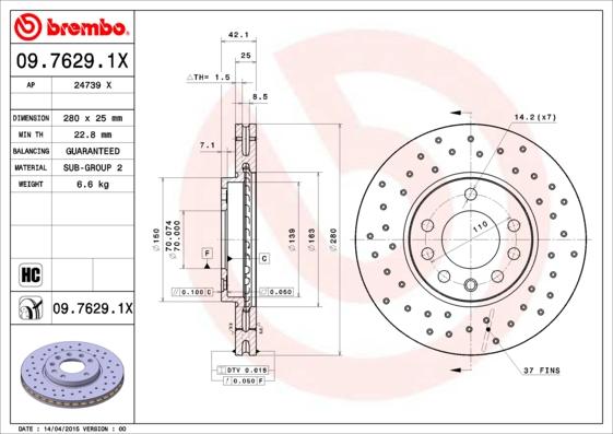 Brembo 09.7629.1X — Tarcza hamulcowa