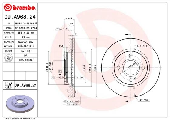 Brembo 09.A968.21 — Tarcza hamulcowa