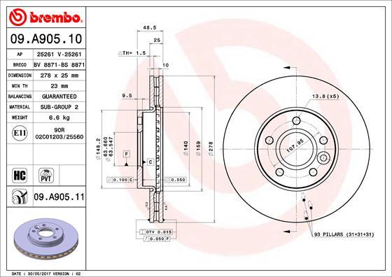 Brembo 09.A905.11 — Tarcza hamulcowa