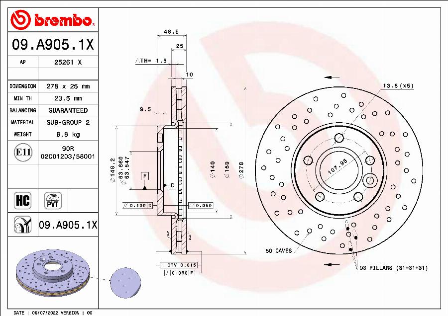 Brembo 09.A905.1X — Tarcza hamulcowa