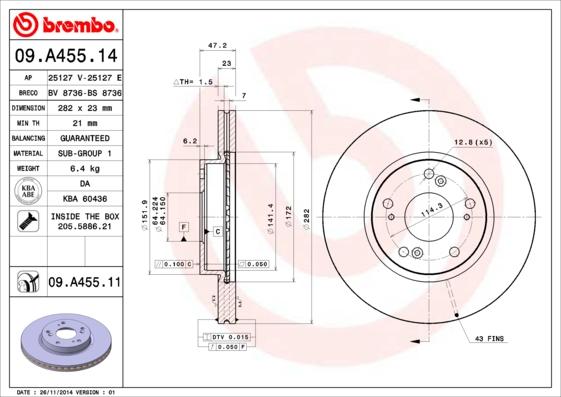 Brembo 09.A455.11 — Tarcza hamulcowa