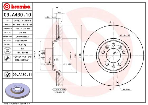 Brembo 09.A430.11 — Tarcza hamulcowa