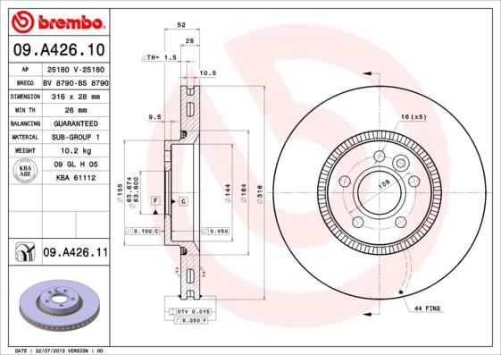 Brembo 09.A426.11 — Tarcza hamulcowa