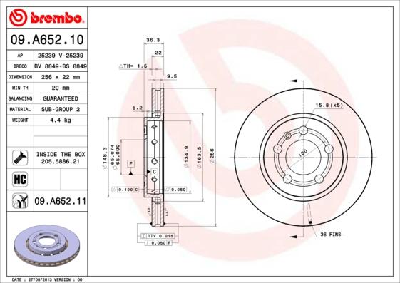Brembo 09.A652.11 — Tarcza hamulcowa