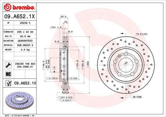 Brembo 09.A652.1X — Tarcza hamulcowa