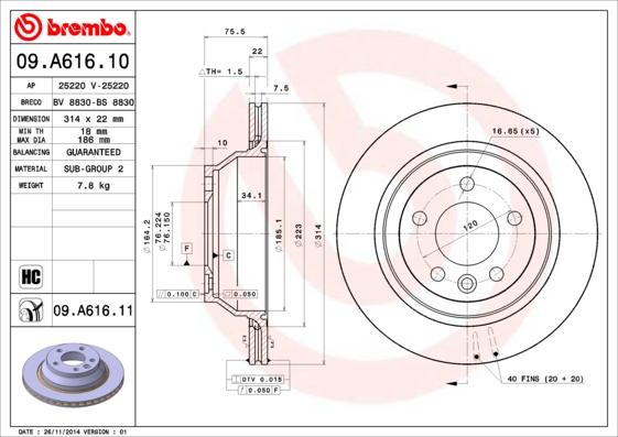 Brembo 09.A616.11 — Tarcza hamulcowa