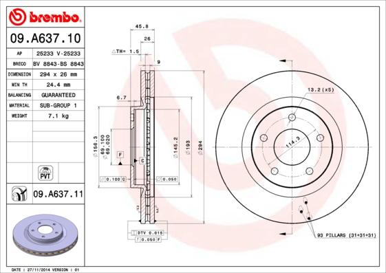 Brembo 09.A637.11 — Tarcza hamulcowa
