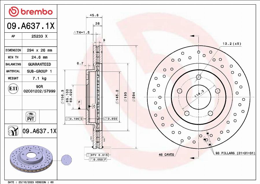 Brembo 09.A637.1X — Tarcza hamulcowa
