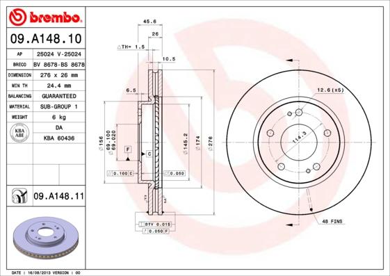 Brembo 09.A148.11 — Tarcza hamulcowa