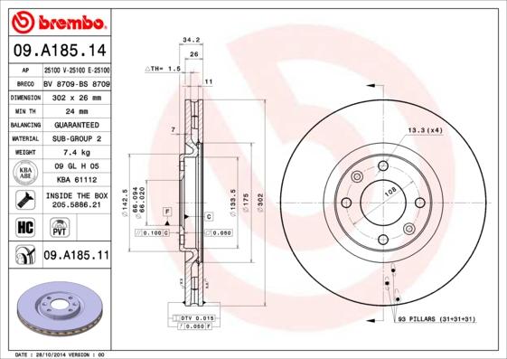 Brembo 09.A185.11 — Tarcza hamulcowa