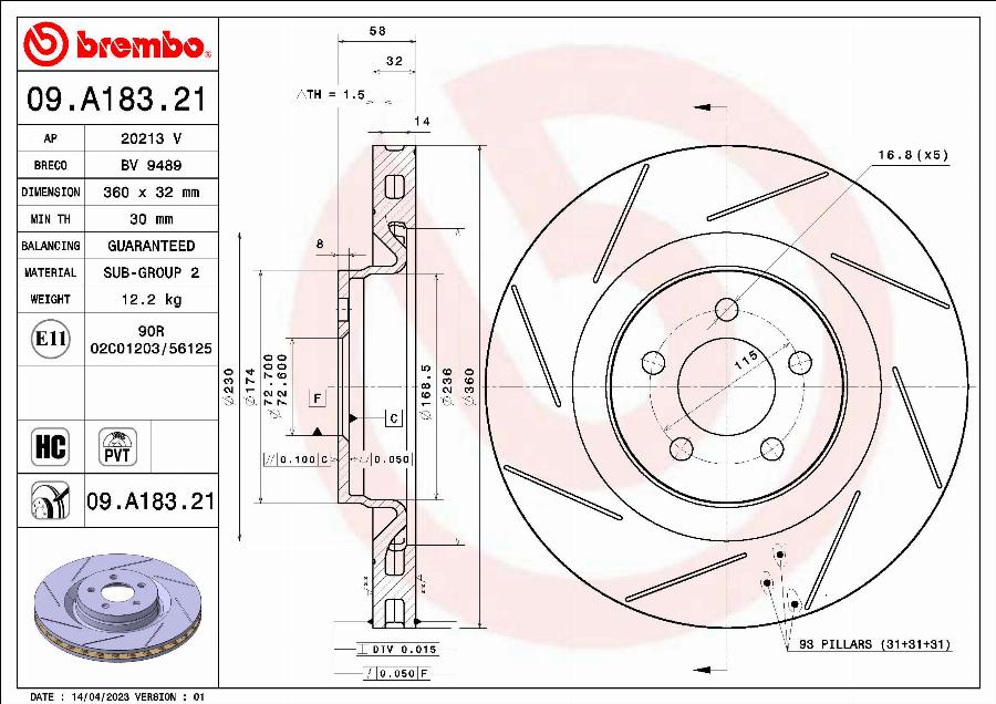 Brembo 09.A183.21 — Tarcza hamulcowa