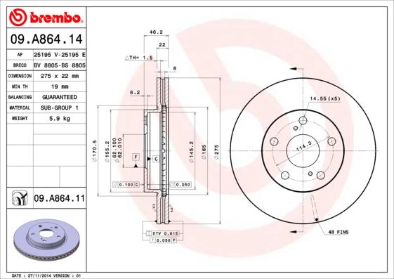 Brembo 09.A864.11 — Tarcza hamulcowa