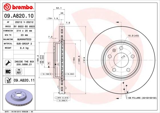 Brembo 09.A820.11 — Tarcza hamulcowa